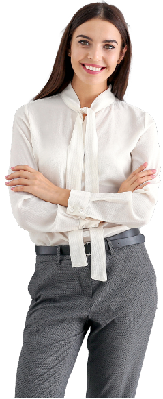 A young woman is standing confidently with her arms crossed, wearing a stylish white blouse with a tie at the neck. She has long, straight hair and a warm smile, exuding a friendly and professional demeanor. Her outfit is complemented by tailored gray trousers, creating a polished and sophisticated look. The background is plain, emphasizing her presence.