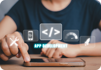 Close-up of a hand about to touch a smartphone with digital icons above, including a wrench, mobile device, coding symbols, speedometer, and rocket, symbolizing app development and innovation.
