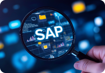 Hand holding a magnifying glass focusing on the 'SAP' logo against a colorful digital background with charts and icons, symbolizing data analysis and business intelligence.